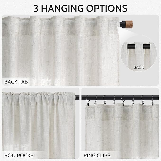Nanspring Natural Linen Curtains 90 Inches Long for Living Room Country Semi Sheer Light Filtering Curtains Farmhouse Decor Boho Curtain for Bedroom Back Tab and Rod Pocket 52x90, 2 Panels