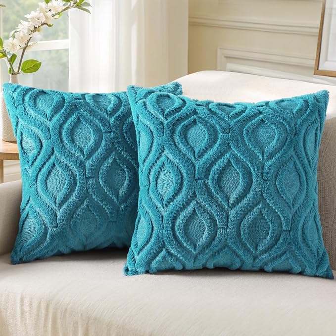 decorUhome Summer Throw Pillow Covers 20x20 Inch Set of 2, Soft Plush Faux Wool Teal Solid Couch Pillow Covers, Accent Farmhouse Neutral Square Pillow Cases for Sofa Bed Living Room