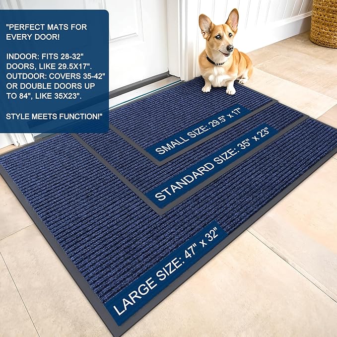 OLANLY Front Door Mat Indoor Outdoor Entrance, Waterproof Heavy Duty Doormat, Fade Resistant, Low Profile, Easy Clean Patio Porch Welcome Floor Mats for Entry, 59x40, Blue