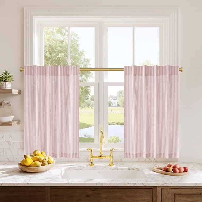 RYB HOME Cafe Striped Curtains for Kitchen Bathroom Small Window, Linen Pinstripe Drapes Valance 36 inch Length for Living Room Short Tier Boho Rustic Farmhouse, Pink, W26 x L36, 2 Panels