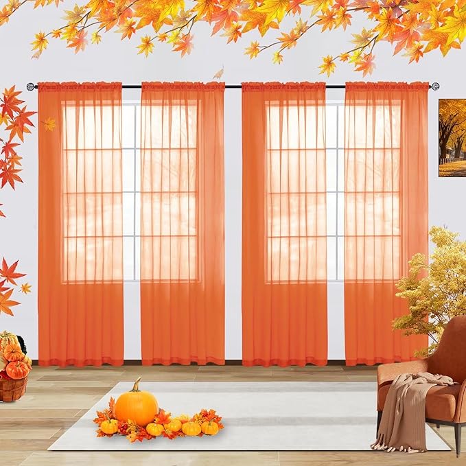 youleyar Solid Sheer Rod Pocket Curtain Voile Draperies 4 Panels White Beige Black Grey Ivory 52 Inch Width 54 Inch Long 1 Pair for Kitchen Bedroom Children Living Room Yard(Burnt Orange,52 Wｘ54 L)