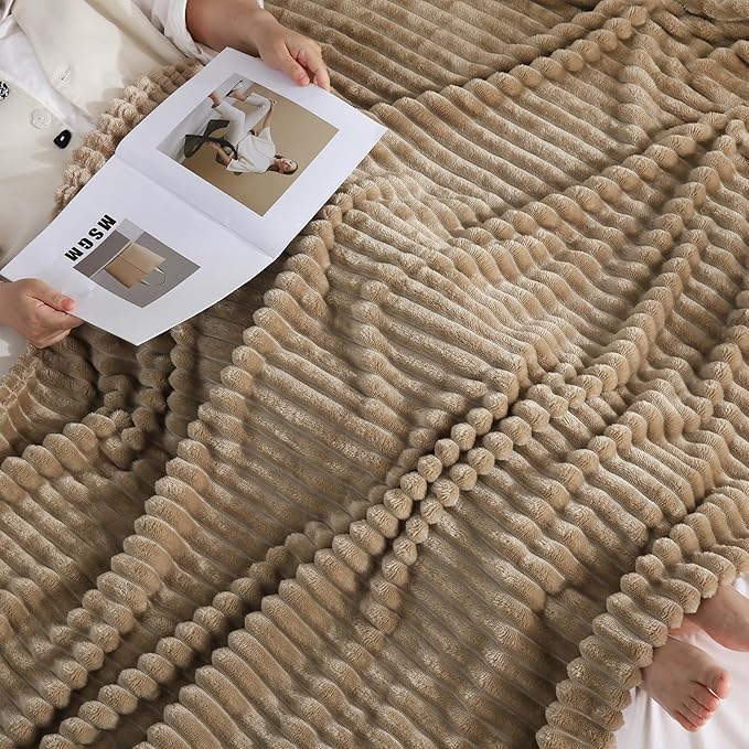 Tan Fleece Throw Blanket 90”×90” for Couch Sofa Bed,Super Soft Cozy Plush Microfiber Flannel Blanket with Stripes Design Lightweight for Adults,Woman,Girls