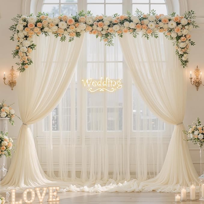 20ft x 12ft Champagne Tulle Backdrop Curtain for Parties Sheer Fabric Backdrop Curtains for Wedding Baby Shower Bridal Shower Birthday Photo Backdrop Drapes Background Decorations 4 Panels 5ft x 12ft