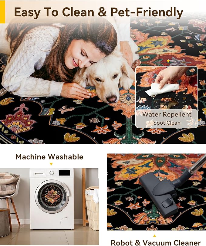 Area Rugs 6ft Washable Non-Slip, Floral Vintage Distress Print Pattern Medallion Carpet for Living Room Bedroom Dining Room, Black Colorful Floral Dark Tan
