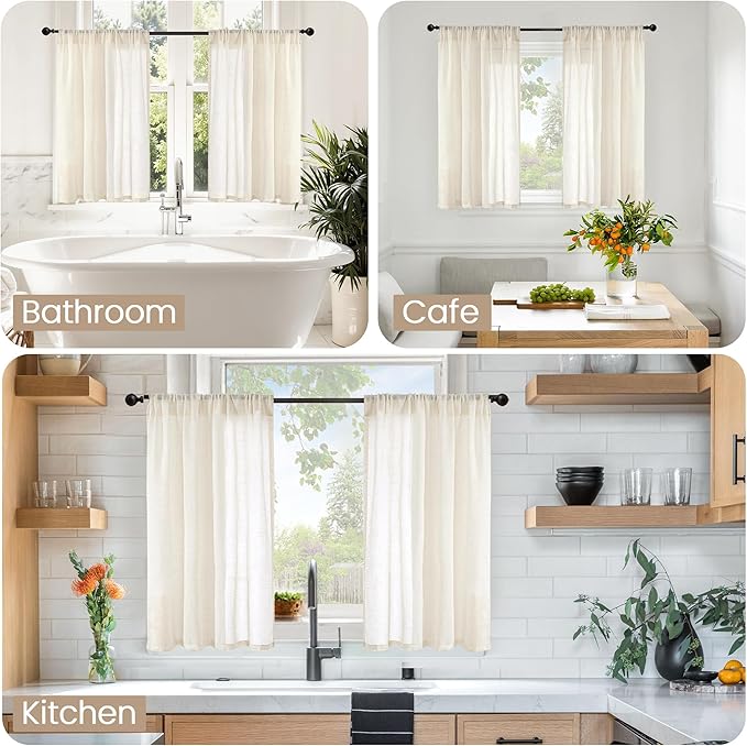 BGment Short Linen Curtains 36 Inch Length for Kitchen Window - Semi Sheer Beige Small Drapes Textured Rustic Natural Rod Pocket for Cafe Lightweight Decorative, 2 Panels, Each Panel 42 Inch Wide