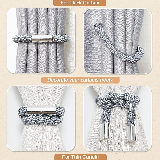 NICEEC 2 Pack Strong Magnetic Curtain Tiebacks Modern Simple Style Drape Tie Backs Convenient Decorative Weave Rope Curtain Holdbacks for Thin or Thick Home & Office Window Draperies (Dark Grey)