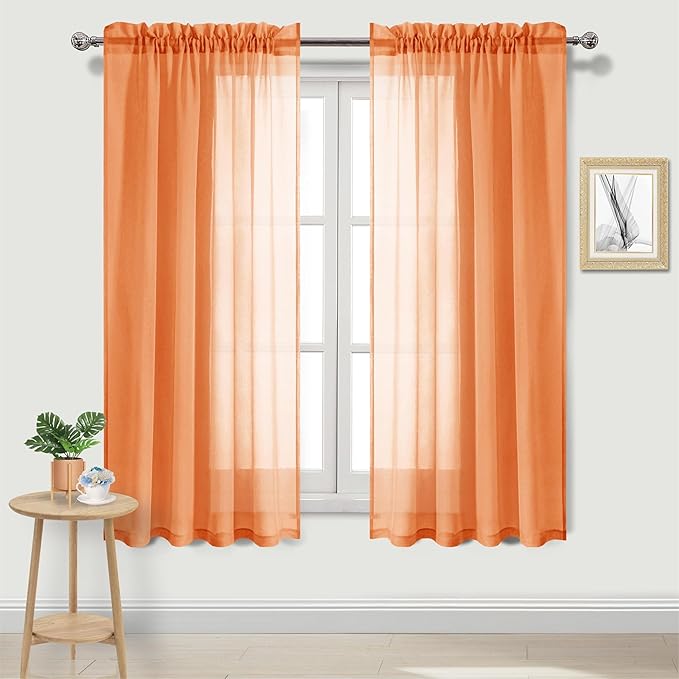 DWCN Sheer Orange Curtains 63 inch Length 2 Panels Set, Rod Pocket Solid Color Gauzy Window Treatments Lightweight Breathable Panels for Bedroom/Kitchen/Living, 2pcs, W52 x L63