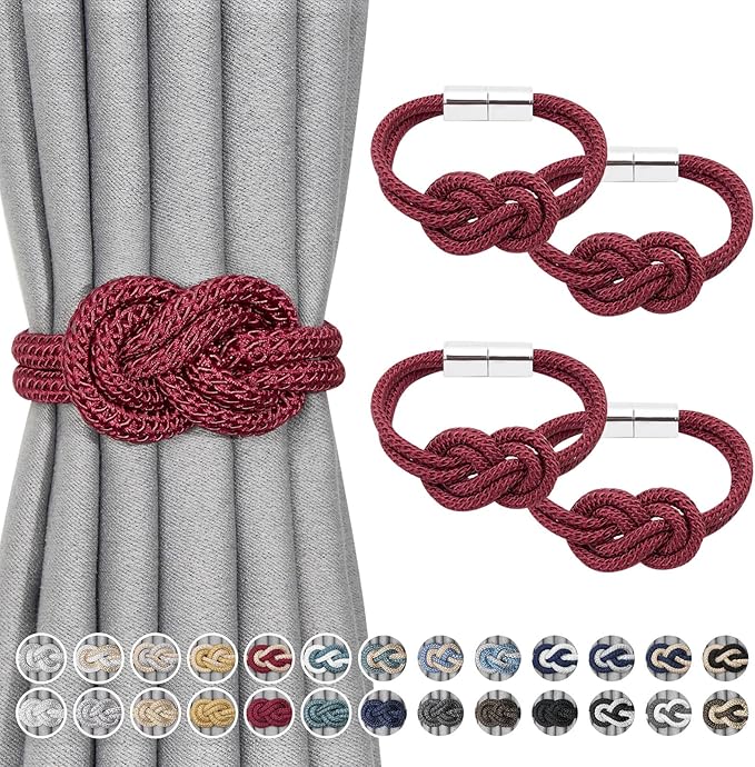 NICEEC 4 Pack Mini Magnetic Curtain Tiebacks Nordic Simple Style Drape Tie Backs Elegant Hand Weave Rope Knot Decorative Curtain Holdbacks for Home & Office Thin Window Drapery (Wine Red)