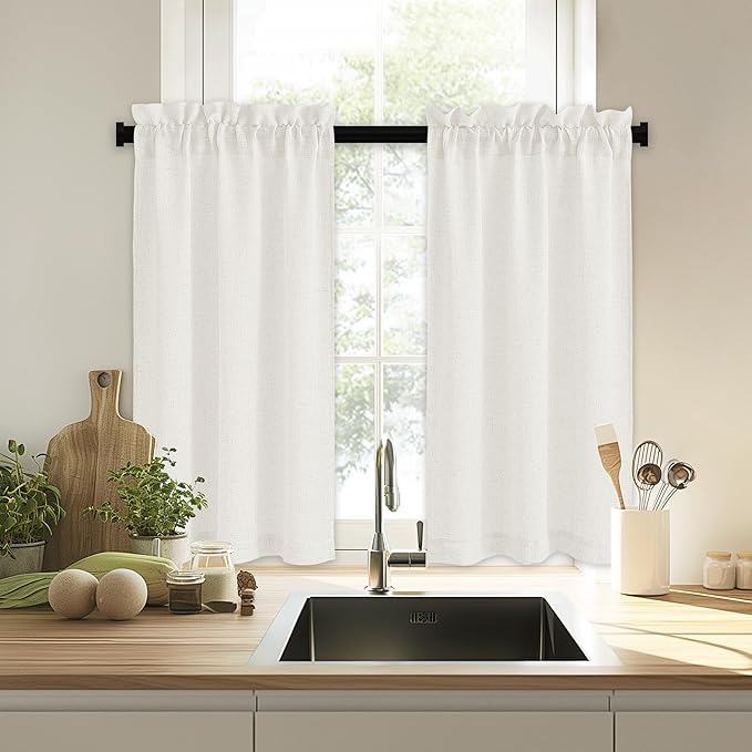 RYB HOME Cafe Curtains 24 inches Length, Linen Sheer Short Curtains for Small Window, Half Privacy Light Filetring Window Tier Valance for Kitchen Bathroom, W 26 x L 24, Linen, 2 Panels Set