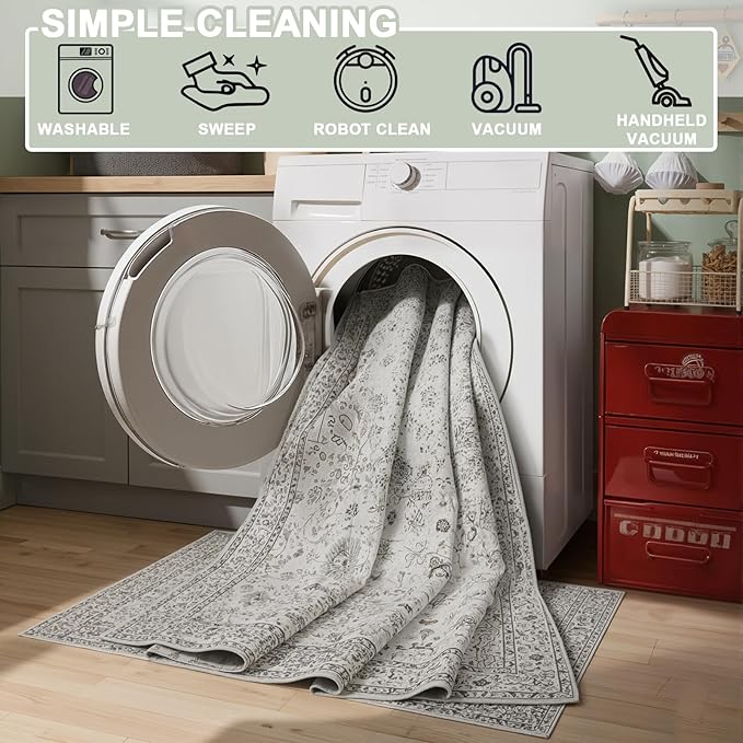 Floral Washable 6x9 Area Rugs, Soft Grey White Bedroom Rug for Living Room Ultra-Thin Non Slip Dining Room Rug, Stain Resistant Rugs Easy Clean Throw Carpet for Office(6 x 9, Grey White)