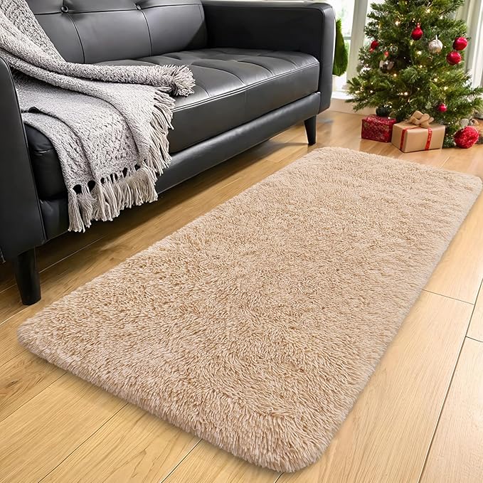 OLANLY 2x12 Machine Washable Runner Rugs for Hallway, Soft Fluffy Shaggy Bedside Rugs for Bedroom, Living Room, Indoor Floor Carpet for Kids Girls and Boys, Nursery Rooms, Home Decor Aesthetic, Beige