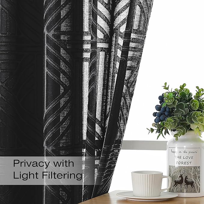 Simplebrand Black Semi Sheer Curtains 54 Inch Length 2 Panels, Geometric Jacquard Clip Textured Short Sheer Curtains for Bedroom，Modern Elegant Window Curtains Drapes/Treatment Sheer，42x54 inch
