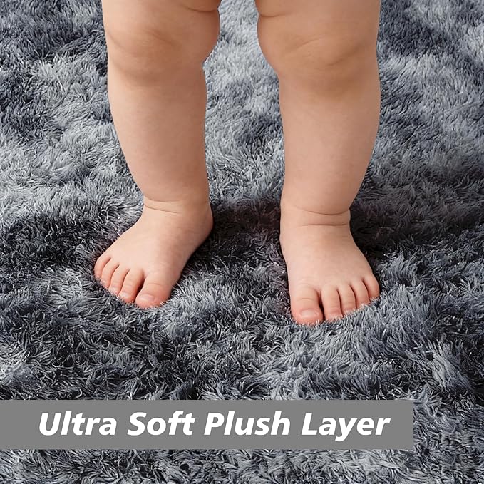 Ultra Soft Fluffy Area Rugs for Bedroom Living Room 10x14, Nursery Rug, Non-Slip Carpet for Kids Dorms Decor, Shaggy Bedside Rug, Tie-Dyed Black