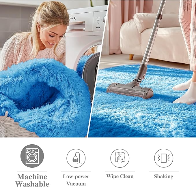 OLANLY Bright Blue Round Rugs for Bedroom - Machine Washable, 4 ft Circle Area Rugs for Living Room, Soft and Fluffy Shaggy Carpet for Teen Girl and Boys, Nursery Rooms, Dorms, Home Decor Aesthetic