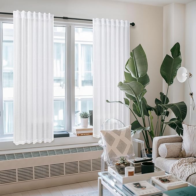 Pitalk White Curtains 38 Inch Wide for Windows 2 Panels Back Tab Loops Rod Pocket Light Diffusing Semi Sheer Linen Curtains for Bedroom Living Room Closet Doors Doorway 38 Inch Width by 63 Inch Length
