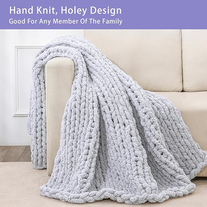 Bigacogo Chunky Knit Throw Blanket for Couch, 40x80 inches, 100% Hand Knitted with Thick Jumbo Chenille Yarn, Cozy Soft Large Rope Knot Cable Crochet Blankets for Sofa Bed Living Room, Light Grey