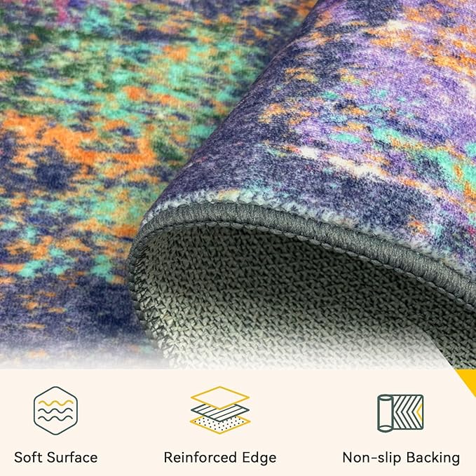Washable Area Rugs 6'x9' Non-Slip Modern Abstract Soft for Living Room Entryway Bedroom Nursery, Print Pattern, Purple Orange Blue Green Rust Red Colorful