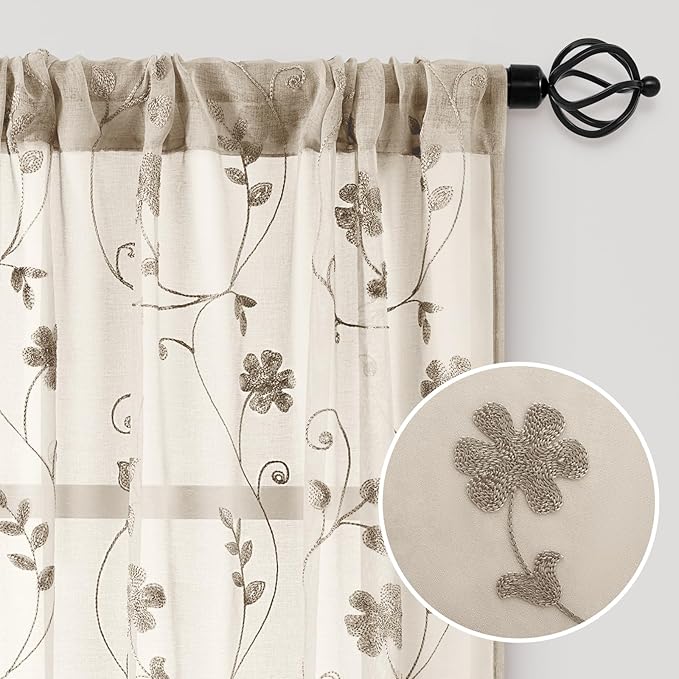 HOMEIDEAS Taupe Sheer Curtains 96 Inches Long 2 Panels Beige Embroidered Floral Pattern Semi Sheer Window Curtains for Bedroom Living Room