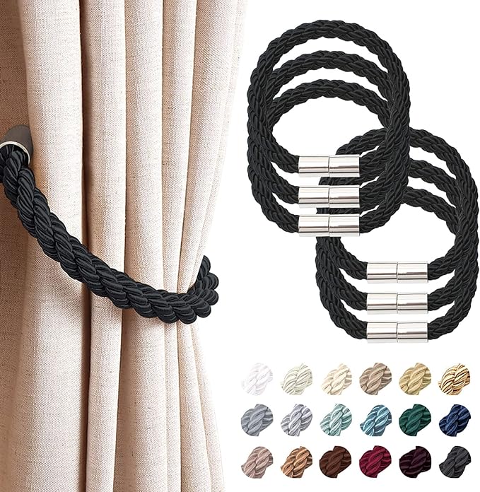 NICEEC 6 Pack Strong Magnetic Curtain Tiebacks Modern Simple Style Drape Tie Backs Convenient Decorative Weave Rope Curtain Holdbacks for Thin or Thick Home & Office Window Draperies (Black)
