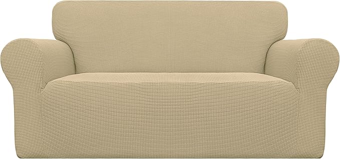 Easy-Going Stretch Oversized Loveseat Slipcover 1-Piece Sofa Cover Furniture Protector Couch Soft with Elastic Bottom for Kids Polyester Spandex Jacquard Fabric Small Checks Beige
