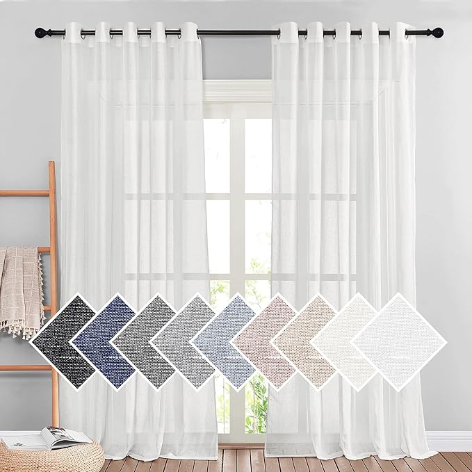 NICETOWN Privacy White Sheer Linen Curtains 96" L, Grommet Semi Sheer Linen Elegant Vertical Drapes with Light Filtering Window Treatments for Farmhouse/Porch, 140" W Total 2 Panels