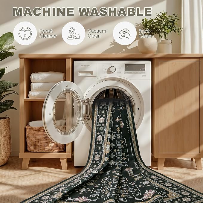 Area Rugs 10x14 Living Room Rug: Washable Rug Soft Vintage Boho Medallion Carpet Indoor Floor Non-Slip Stain Resistant Large Carpets for Bedroom Dining Room Farmhouse Nursery Home Office Black