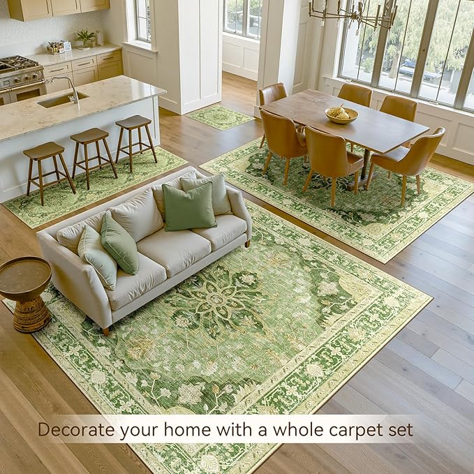 RELEANY Area Rugs 10'x14' Washable Non-Slip, Floral Vintage Distress Print Pattern Medallion Carpet for Living Room Bedroom Dining Room, Sage Green Yellow