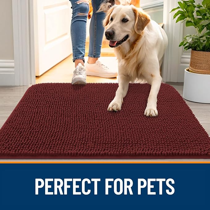 OLANLY Dog Door Mat for Muddy Paws 59x35, Absorbs Moisture and Dirt, Absorbent Non-Slip Washable Doormat, Quick Dry Chenille Mud Mat, Entry Indoor Entryway Carpet for Inside Floor, Caramel Russet