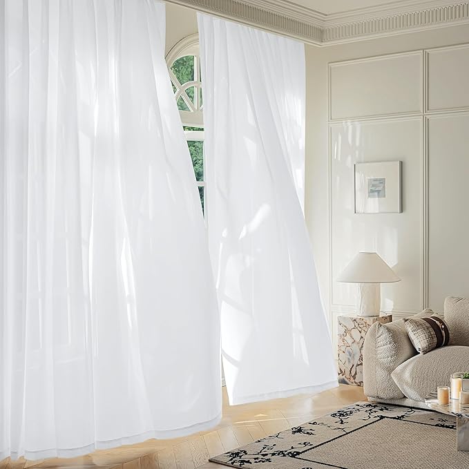 FMFUNCTEX Sheer Non-See-Through White Curtains for Bedroom, Faux Silk that Let Light Curtains 90 inches Long Light Filtering Privacy Sheer Window Drapes for Living Room, Rod Pocket 2 Panels Set
