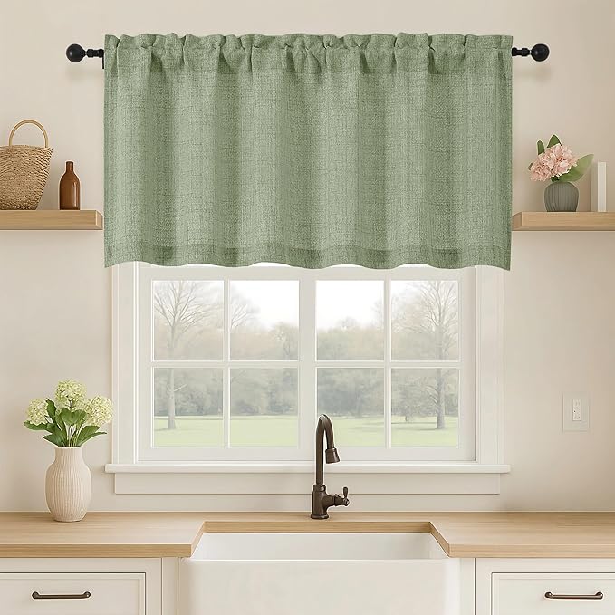 OVZME Green Valance for Windows, Light Filtering Faux Linen Textured Small Kitchen Valances for Windows, Dual Rod Pocket Farmhouse Short Curtain for Bathroom Basement, 60Wx24L inch, 1 Piece