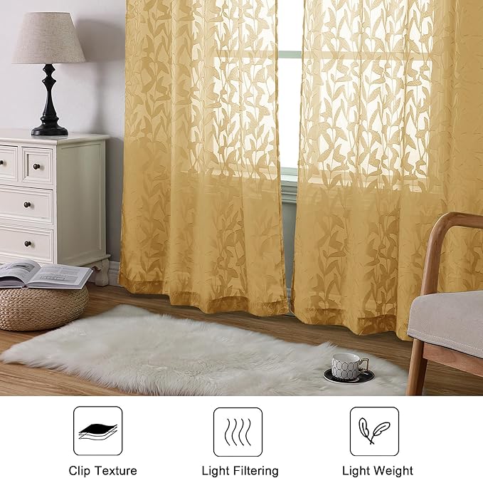 Lecloud Leia Dark Gold Sheer Curtains 72 Inches Long 2 Panels, Airy & Breathable Voile Leaf Textured Bedroom Living Room Curtains, Dual Rod Pockets Jacquard Gauzy Window Drapes, 40 W x 72 L