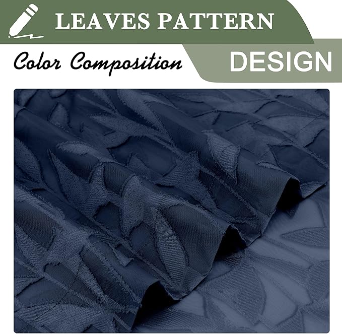 Lecloud Leia Navy Blue Sheer Cafe Curtains 24 Inch Length 2 Pieces, Jacquard Clip Textured Leaf Semi Voile Curtain Valances for Windows, Dual Rod Pockets Living Room/Bedroom/Kitchen Tiers, 38W x 24L