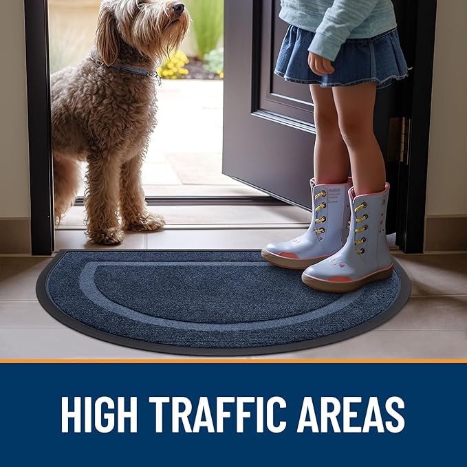 OLANLY Half Circle Door Mat Indoor Outdoor Entrance Welcome, Waterproof All-Season, All-Weather Doormat, Sturdy Natural Rubber, Low Profile, Easy Clean Patio Porch Entryway Mat, 36x24, Blue