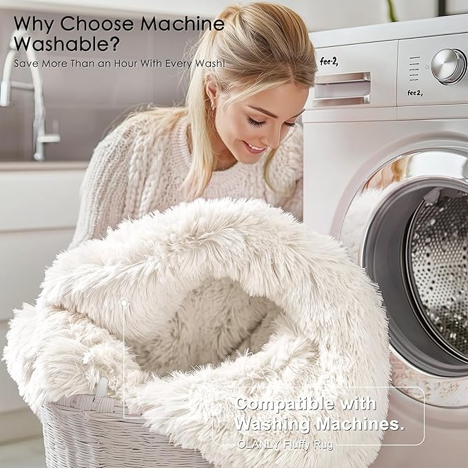 OLANLY 7x7 Machine Washable Large Area Rugs for Living Room, Bedroom, Soft Fluffy Shaggy Bedside Rug, Indoor Floor Carpet for Kids Girls and Boys, Dorms, Nursery, Home Decor Aesthetic, Ivory