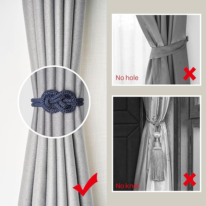 NICEEC 4 Pack Mini Magnetic Curtain Tiebacks Nordic Simple Style Drape Tie Backs Elegant Hand Weave Rope Knot Decorative Curtain Holdbacks for Home & Office Thin Window Drapery (Dark Blue)
