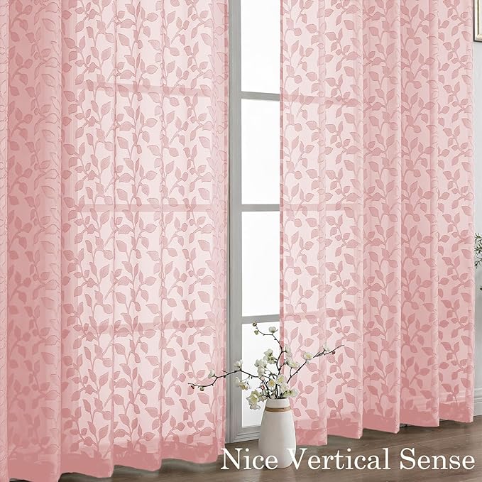 Chyhomenyc Blush Pink Sheer Curtains 30 Inch Length, Light Filtering Leaf Tufted Textured Small Window Kitchen Curtain Over Sink, Short Half Window Curtains for Bathroom Basement, 30"Wx30"L, 2 Panels