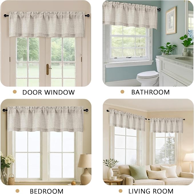 OVZME Valance for Windows, Light Filtering Faux Linen Textured Small Cafe Valances for Windows, Dual Rod Pocket Farmhouse Short Curtain for Bathroom Basement, 60Wx24L inch, 1 Piece, Linen Color