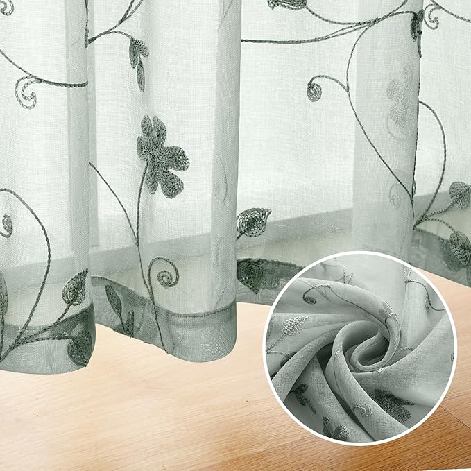HOMEIDEAS Sage Green Sheer Curtains 63 Inches Length 2 Panels Embroidered Floral Pattern Semi Sheer Window Curtains for Bedroom Living Room