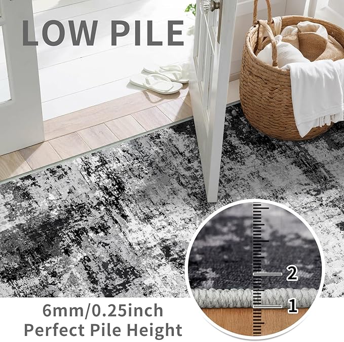2x8 Washable Runner Rugs for Hallway: Easy-to-Clean Abstract Runners for Entryway Bedroom - Stain and Water Resistant Rugs with Non-Slip Backing - Soft Low-Pile Carpet Black Grey