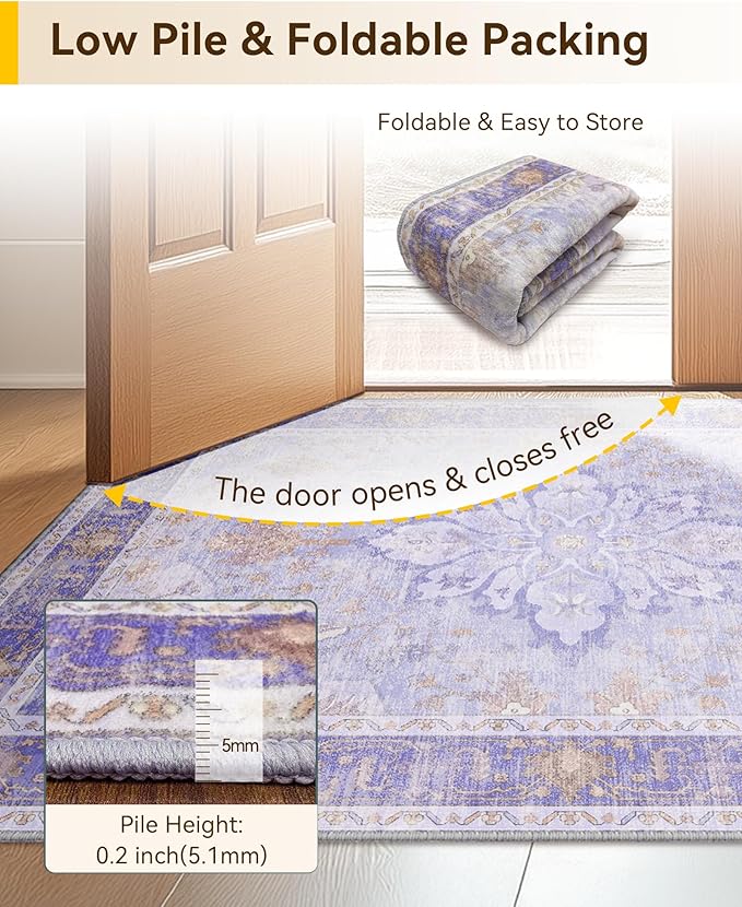 Area Rugs 8'x10' Washable Non-Slip, Floral Vintage Distress Print Pattern Medallion Carpet for Living Room Bedroom Dining Room, Light Purple Brown