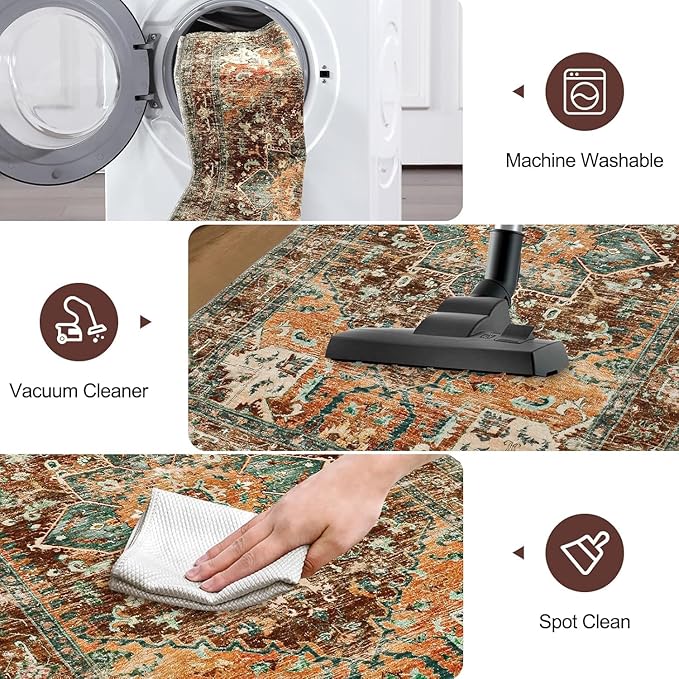 Yamaziot Washable Runner Rug, 3x12 Non-Slip Boho Vintage Hallway Rug Runner with Rubber Backing, Stain Resistant Low Pile Distressed Carpet Runner for Bedroom, Kitchen, Laundry, Entrance