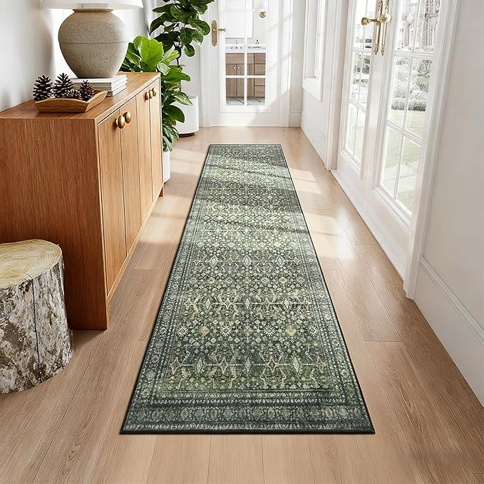 Lofus 2x10 Area Rug for Hallways,Green Washable Runner Rugs with Non Slip Rubber Backing, Low Pile Soft Carpet Runner for Kitchen Bathroom Bedroom Laundry