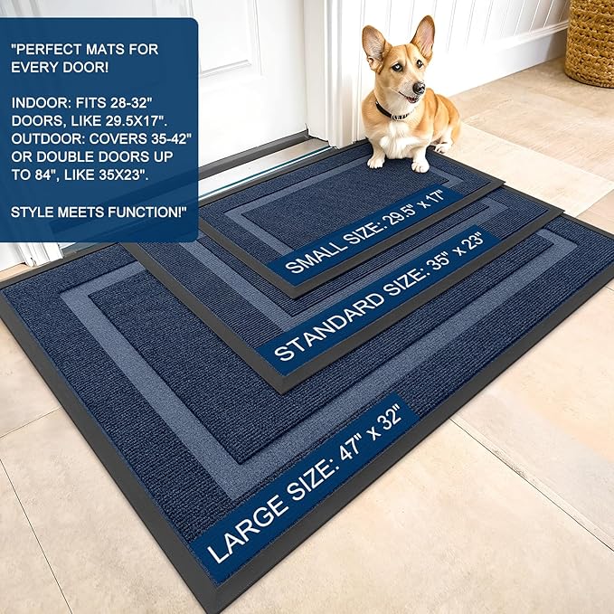 OLANLY Front Door Mat Indoor Outdoor Entrance, Waterproof All-Season, All-Weather Doormat, Sturdy Natural Rubber, Fade Resistant, Low Profile, Easy Clean Patio Porch Entryway Mat, 47x30, Blue