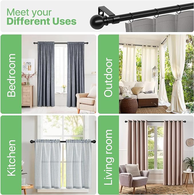 Black Curtain Rods for Windows 48 to 84, Adjustable Curtain Rod Set with Brackets Easy Install, Decorative Slender 5/8 Diameter Drapery Rod, Heavy Duty Drape Pole for Bedroom, Living Room