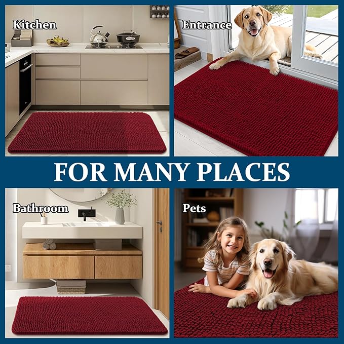 OLANLY Dog Door Mat for Muddy Paws 44x32, Absorbs Moisture and Dirt, Absorbent Non-Slip Washable Doormat, Quick Dry Chenille Mud Mat for Dogs, Entry Indoor Entryway Carpet for Inside Floor, Red