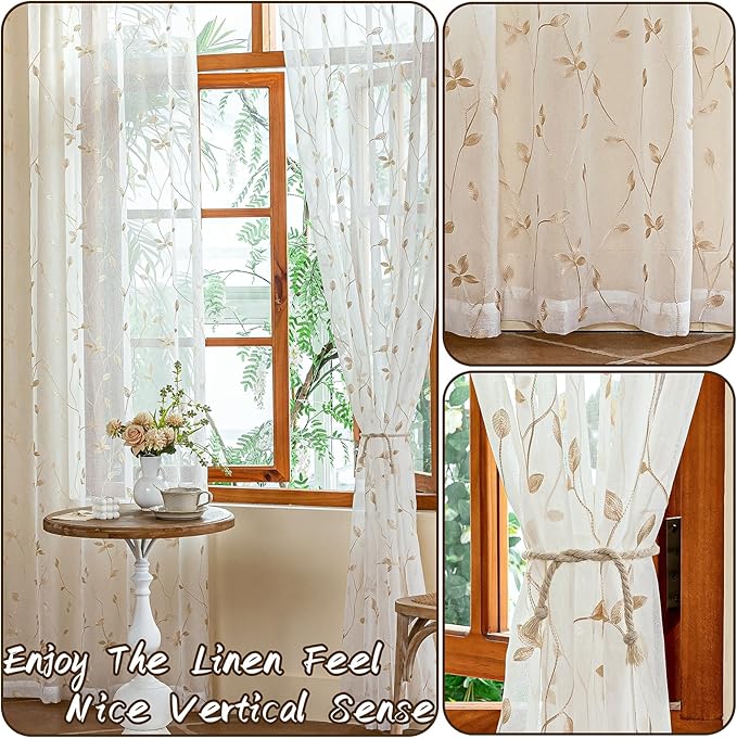 AmHoo 2 Panels Embroidered Leaf Pattern Semi Sheer Curtains Foliage Floral Voile Window Draperies Treatment for Bedroom Living Room Rod Pocket White Beige 53 x 95 Inch
