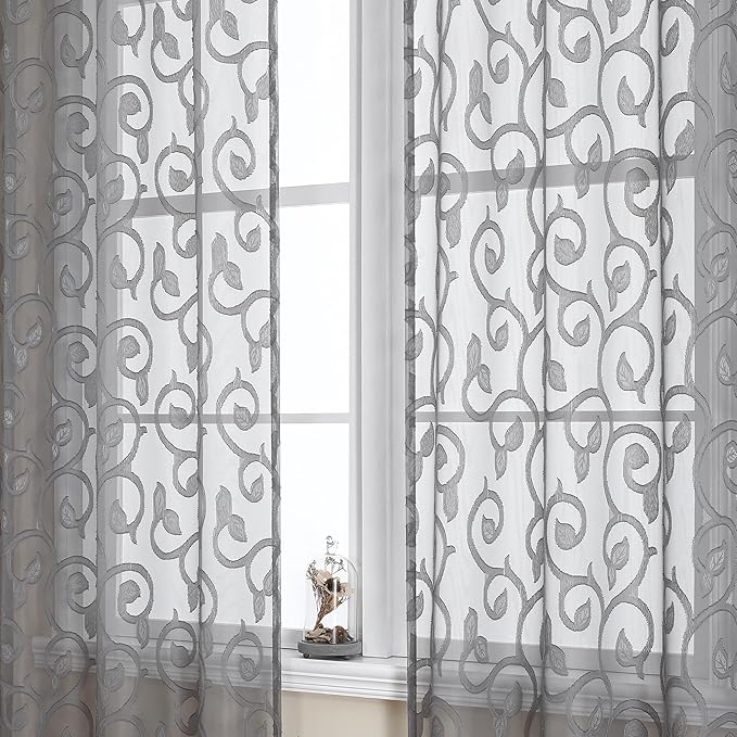OWENIE Furman Sheer Charcoal Gray Curtains 90 inches Long for Bedroom Living Room 2 Panels Set, Light Filtering Soft Semi Sheer Jacquard Clip Farmhouse Curtains Rod Pocket Design, Each 52Wx90L inch