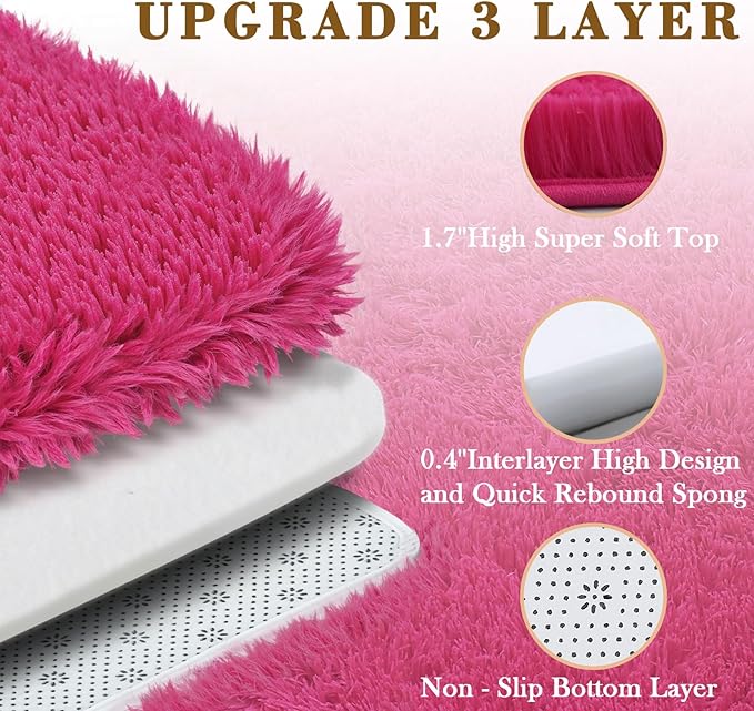 3x5 Rug, Bedside Preppy Dorm Area Rug, College Essentials Small Carpets for Bedroom, Anti Slip Living Room Rugs Home Decor (Hot Pink, 3 x 5)