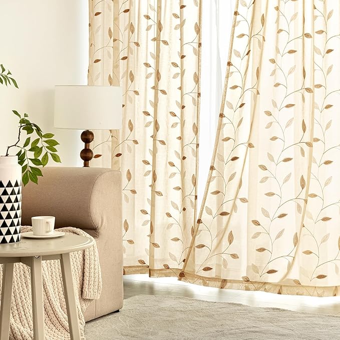 MIULEE Khaki Sheer Curtains 2 Panels Embroidered Leaf Patterned Rod Pocket Floral Semi Sheer Faux Linen Short Window Curtains Drapes Set for Kitchen Living Room Bedroom, 52x54 Inches Length