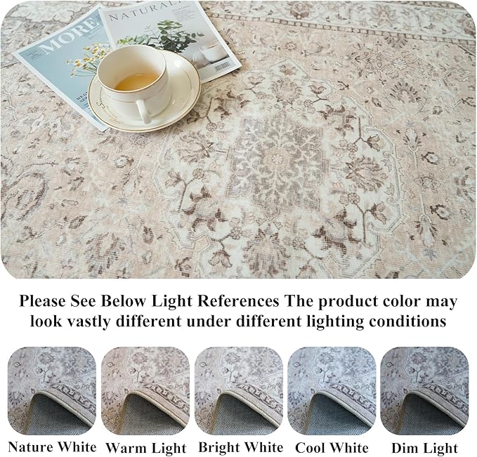 Washable 8ft Round Area Rug - Living Room Oriental Non Slip Soft Rugs Indoor Low Pile Stain Resistant Carpet for Bedroom Dining Room Farmhouse Distressed Thin Home Decor Floor Mat(8Round,Beige)